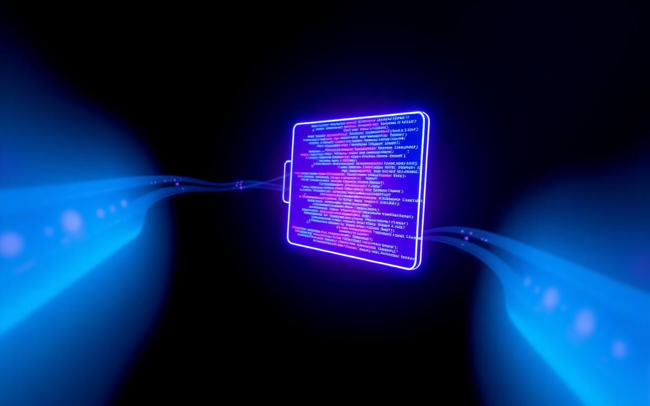 Glowing streams of code flowing into a device representing AI-assisted development