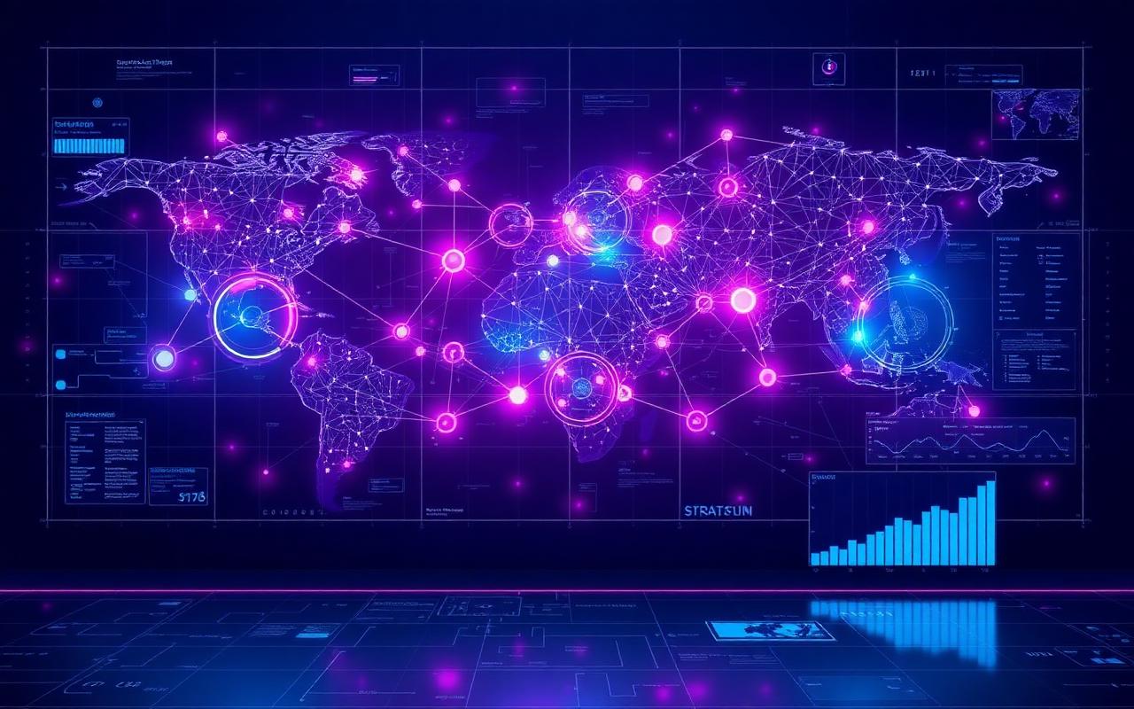 Holographic strategy board with global data nodes and dashboards